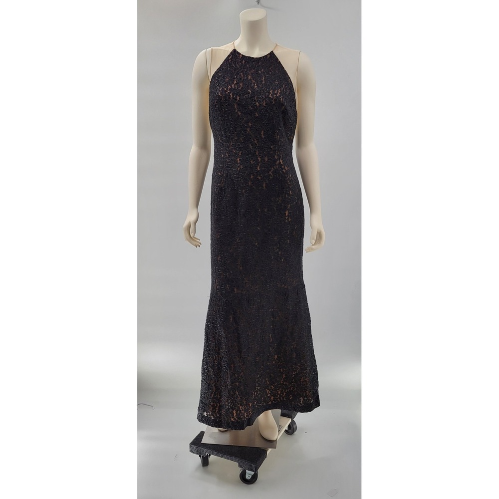VTG Carmen Marc Valvo Evening Gown Size 12 Black Nude Lace Beaded Trumpet Formal